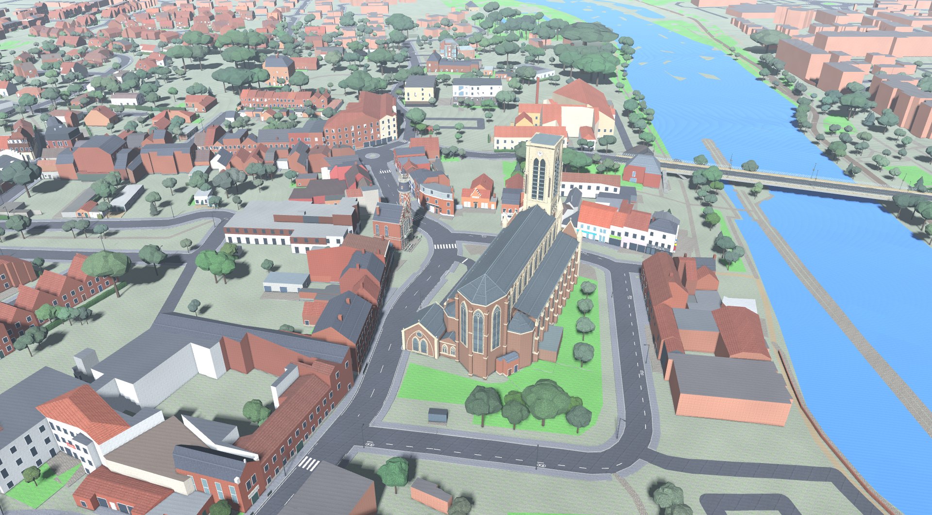 Vue aérienne du centre de Wambrechies dans le jeu : l'église Saint-Vaast, le beffroi de la mairie et la Deûle
